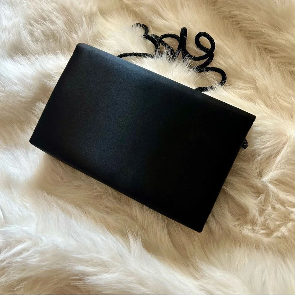 Vintage MCM La Regale Black Satin Evening Bag Flat Bows Snap Close Clutch Strap